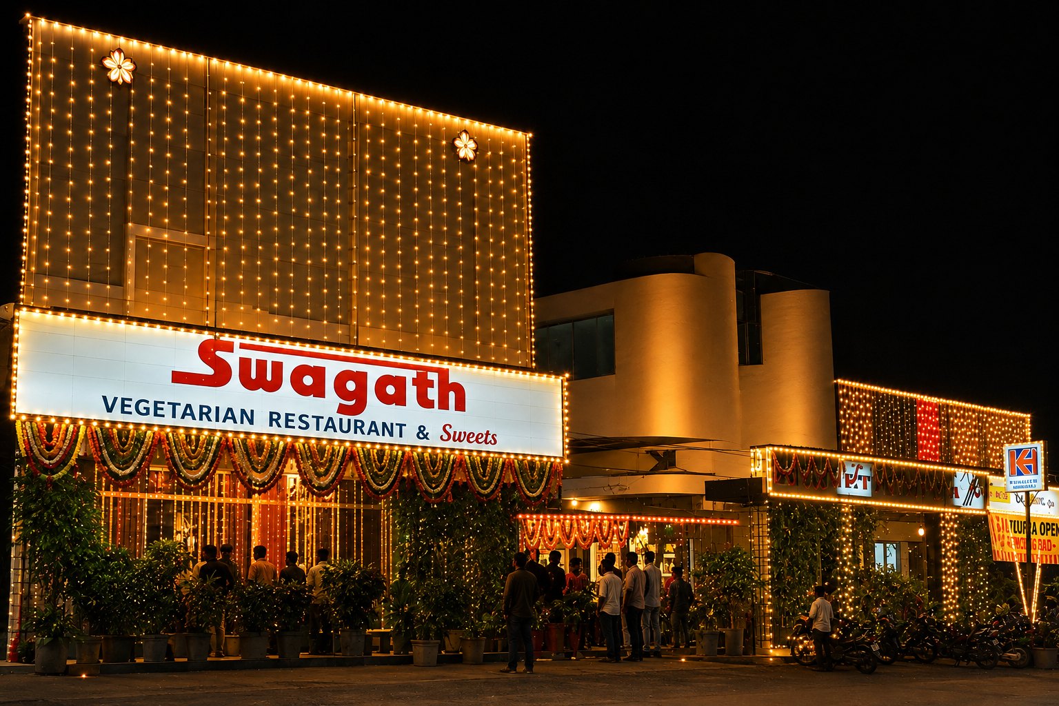 A Dhanturi property lit up at night